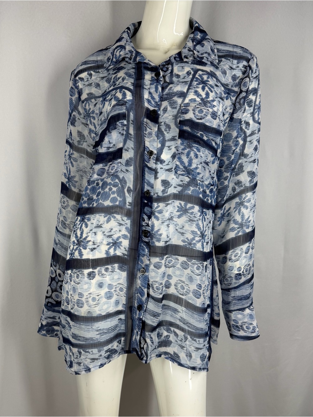 Alberto Makali Blue Abstract Print Sheer Button Down Shirt Blouse XL Y2k